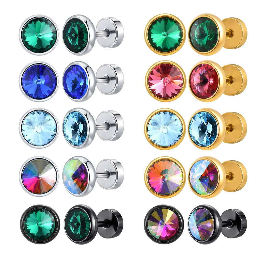 8mm Stainless Steel Screw Back Earrings for Men | Faceted Zircon Studs