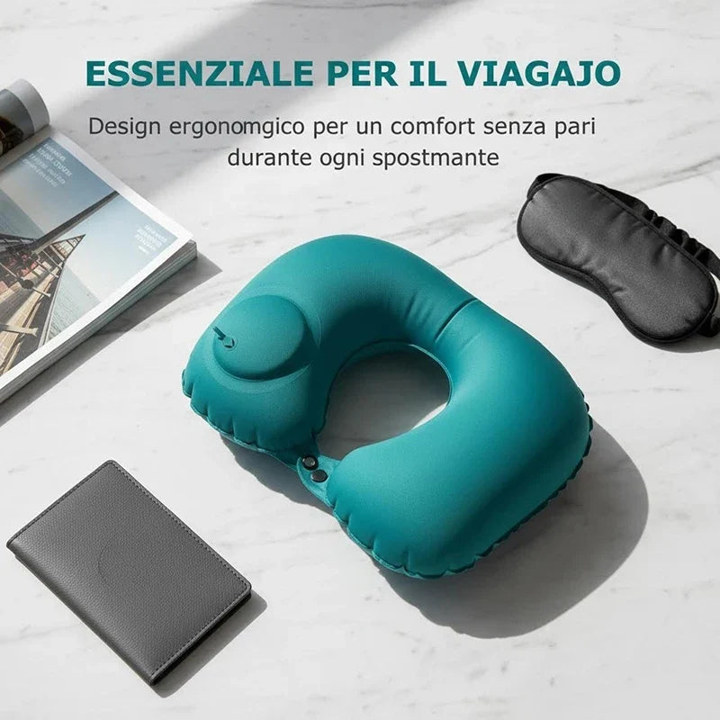 Portable Inflatable U-Shaped Neck Pillow for Travel | Press-Inflatable Neck Support with Built-In Storage