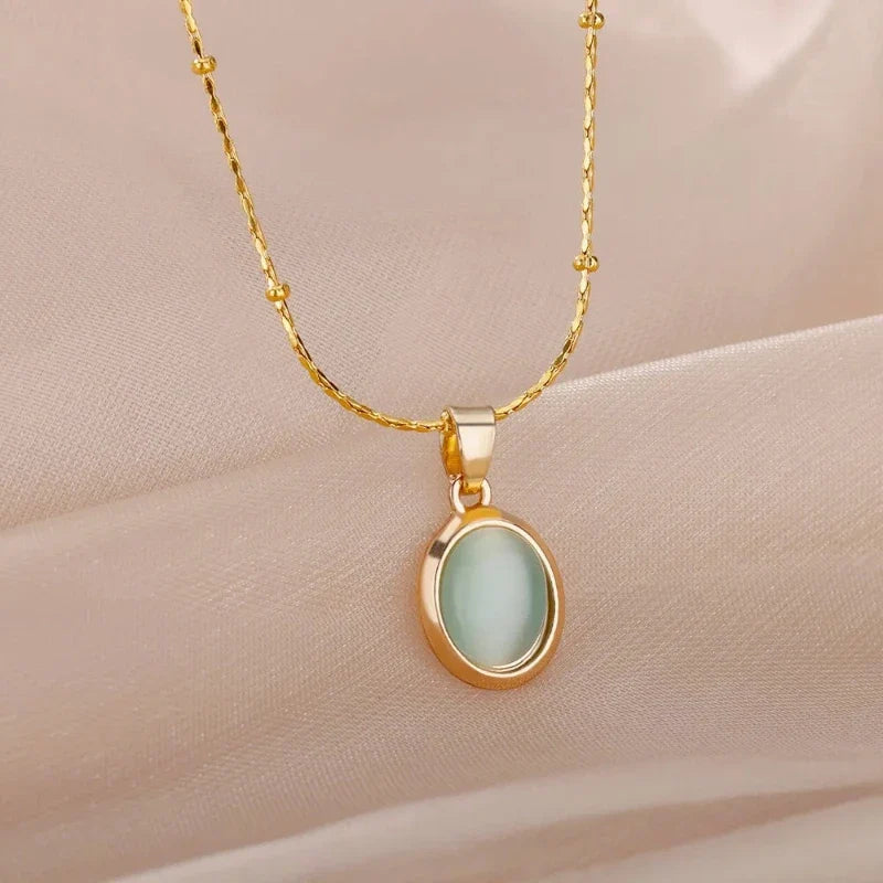 Fashion Stone Opal Oval Necklace For Women Stainless Steel Gold Color Oval Stone Pendant Necklace Wedding Aesthetic Jewelry Gift