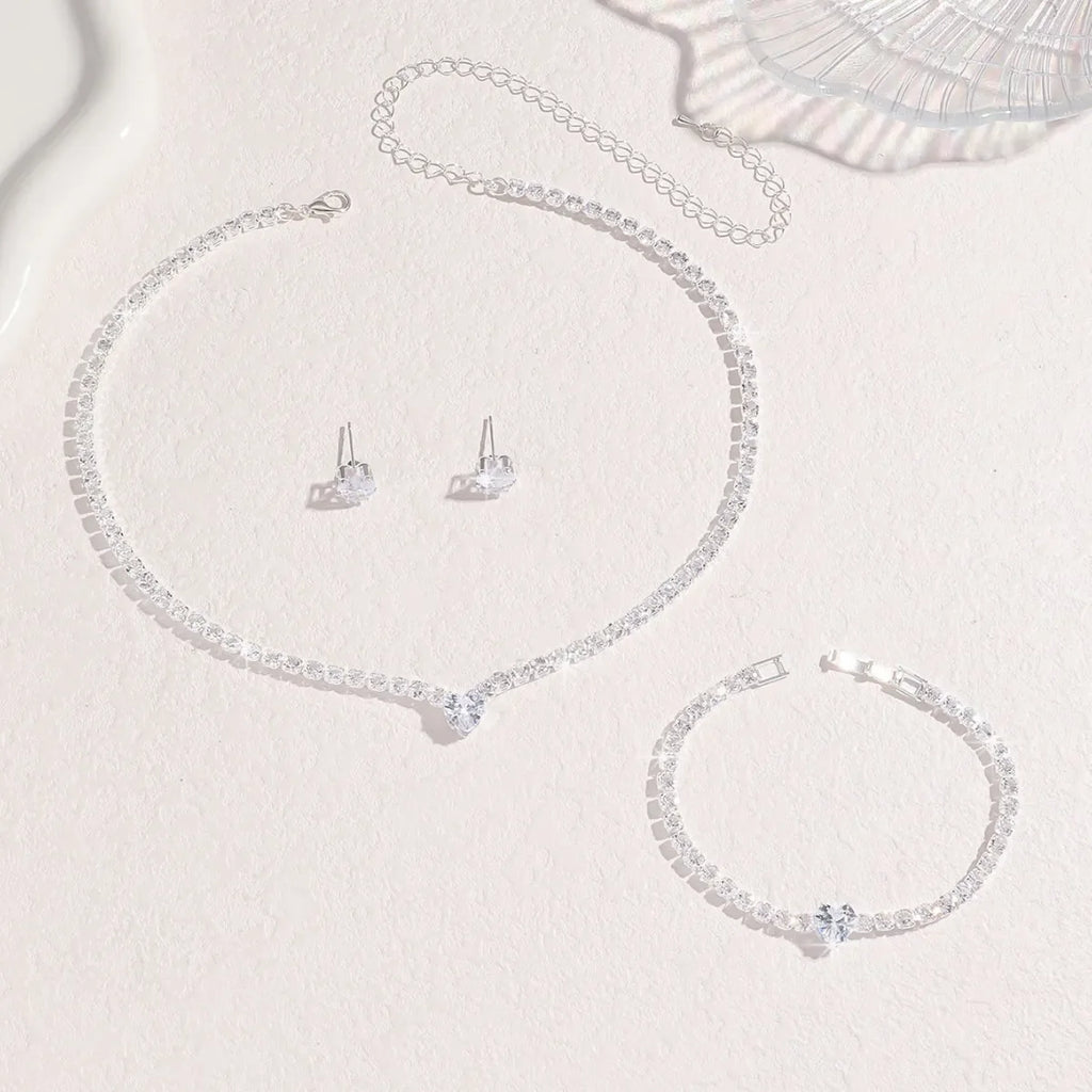 Ladies' Fashion, Heart-Shaped Crystal Zircon Earrings, Necklace Set, Bride'S Wedding Dress, Jewelry And Accessories