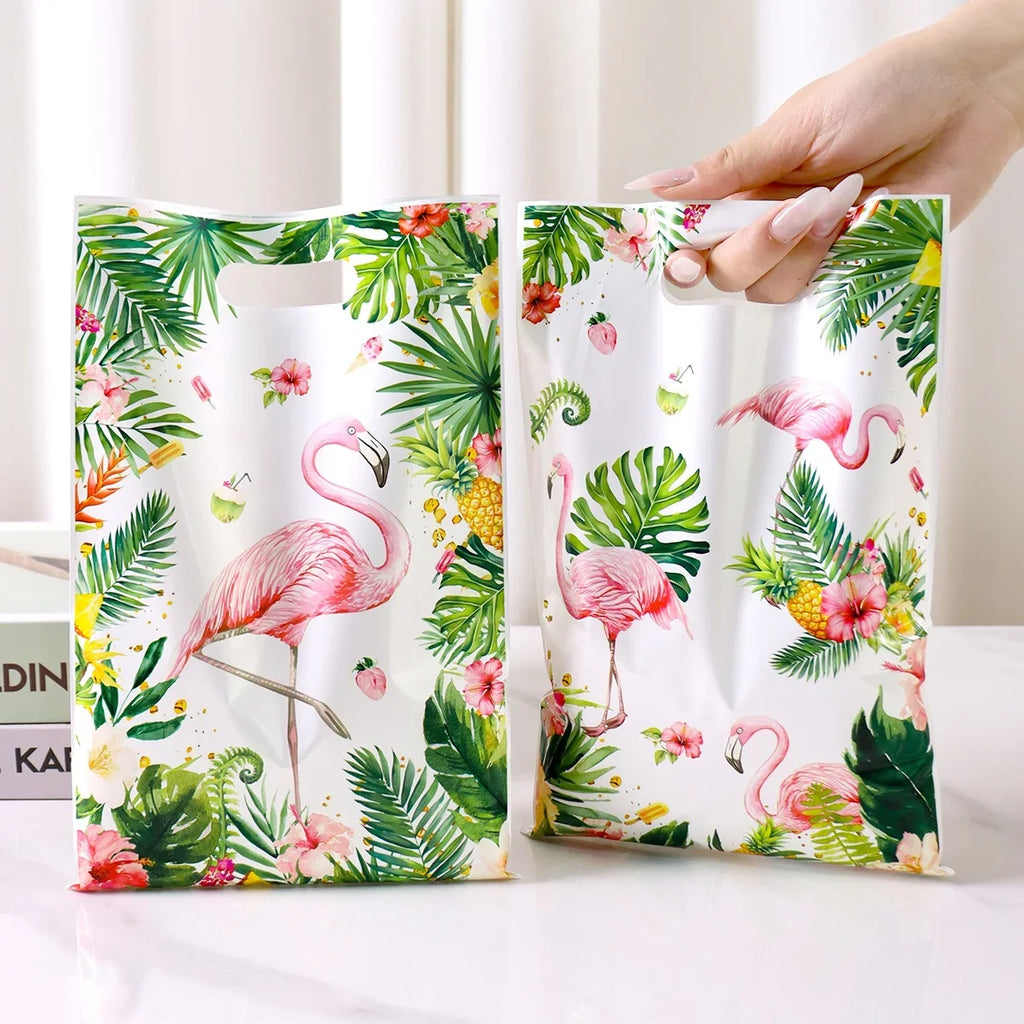 Tropical Hawaiian Party Tablecloth and Flamingo Decor Set | Plastic Table Runner and Candy Bags