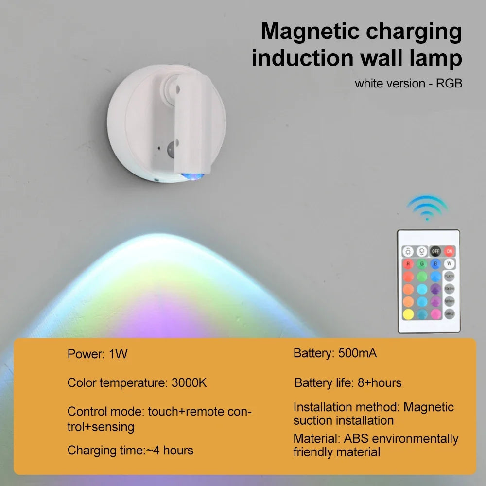 RGB Night Light with Magnetic Base | USB Rechargeable Dimmable LED Wall Lamp
