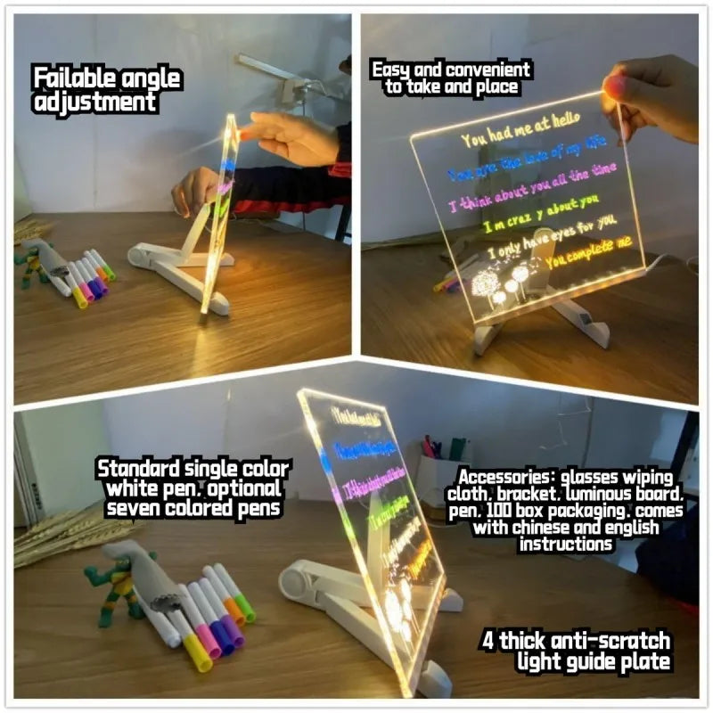 Light Up Acrylic Message Board Night Light | Rewritable DIY Glowing Drawing Board with 7 Colorful Pens