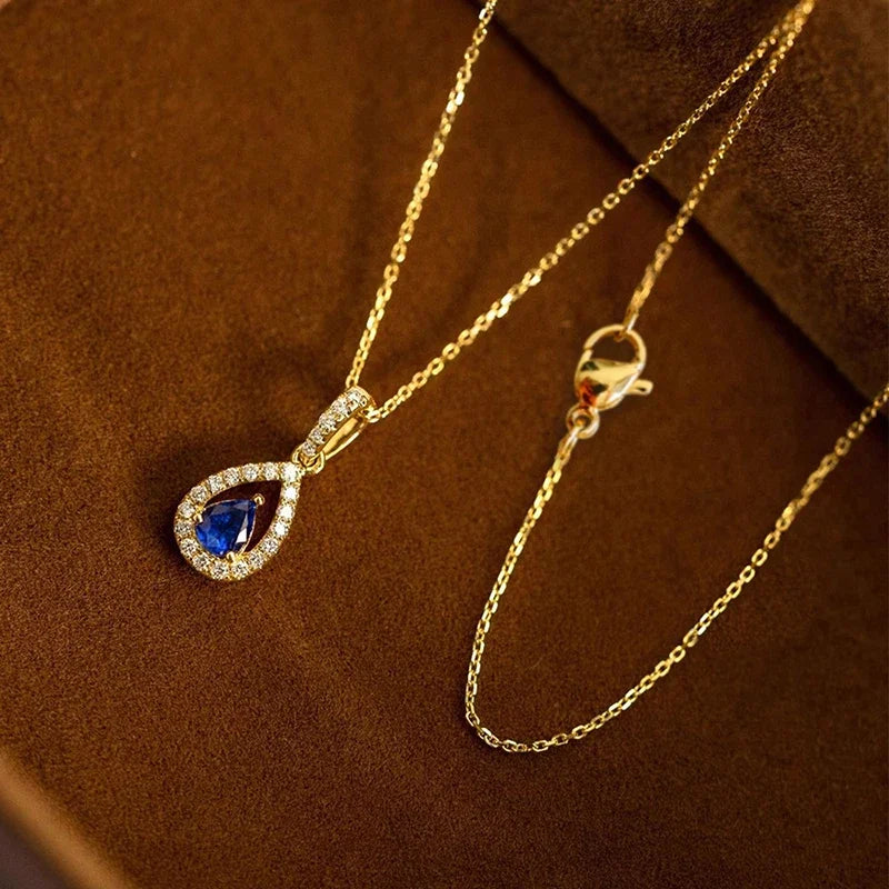 Huitan Gold Color Waterdrop Pendant with Blue Cubic Zirconia Necklace for Women Temperament Accessories Wedding Trendy Jewelry