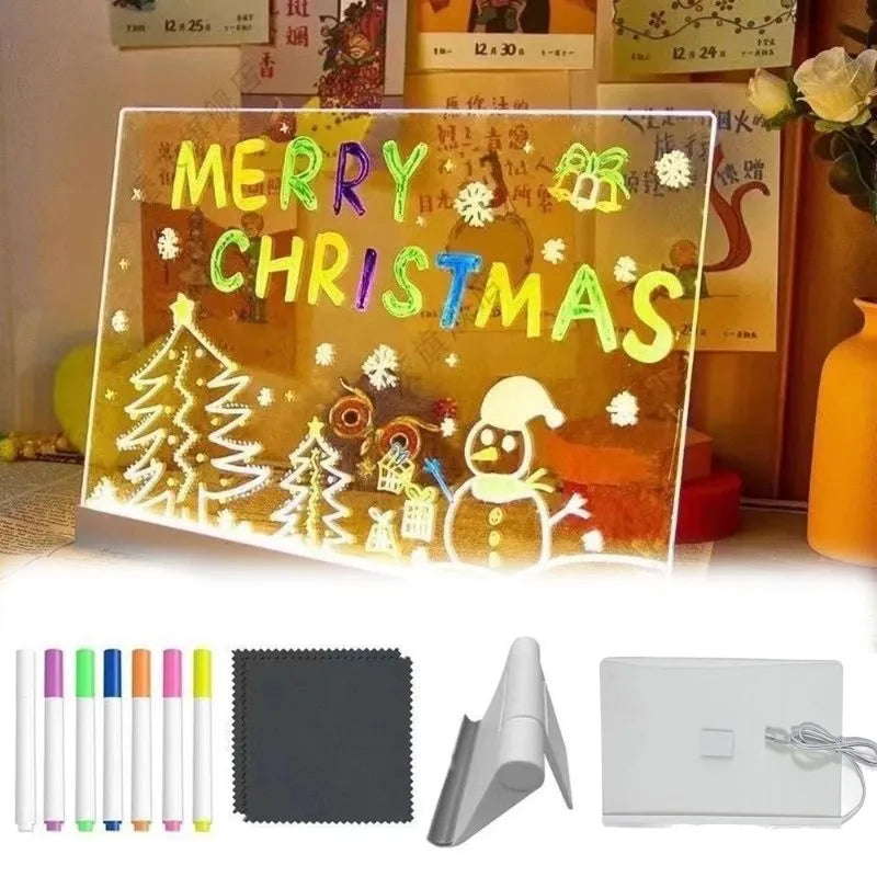 Light Up Acrylic Message Board Night Light | Rewritable DIY Glowing Drawing Board with 7 Colorful Pens