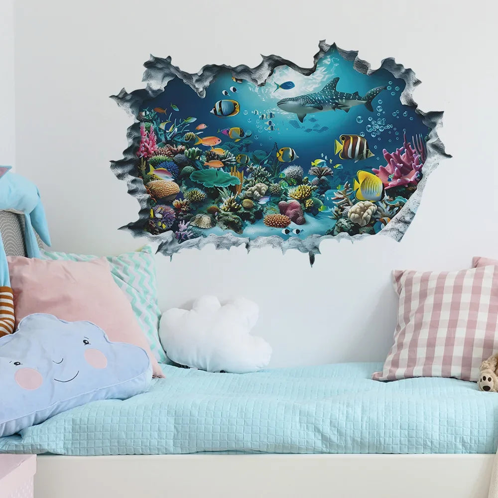 3D Shark Wall Stickers for Kids Room | Ocean Aquarium Broken Wall Decals
