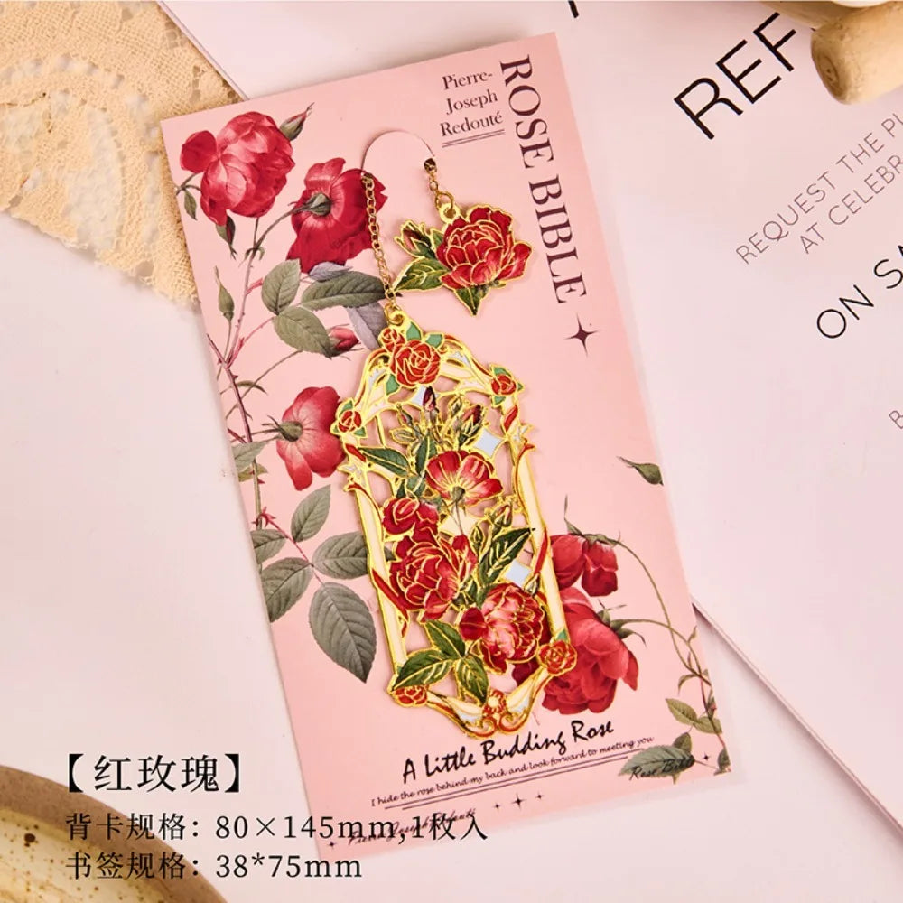 Retro Metal Aesthetic Rose Bookmark Pendant Chinese Style Floral Painting Bookmark Student Reading Mark Book Accessories Gift