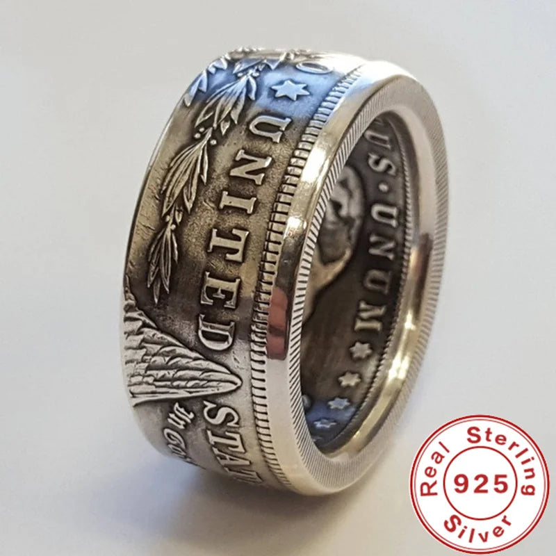 S925 Sterling Silver Ring | Thai Silver Vintage National Emblem Motto Ring for Men