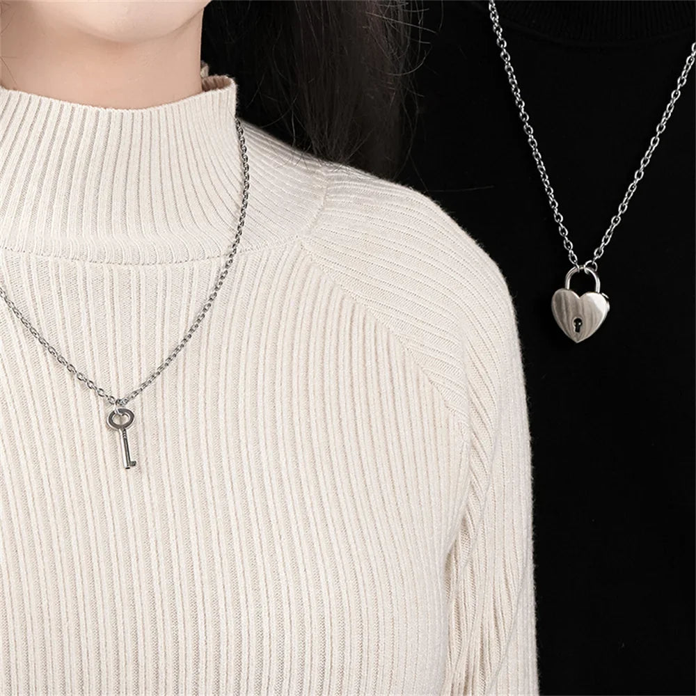 Romantic Couple Key and Heart Pendant Necklace Set | Stainless Steel Lovers Jewelry Gift