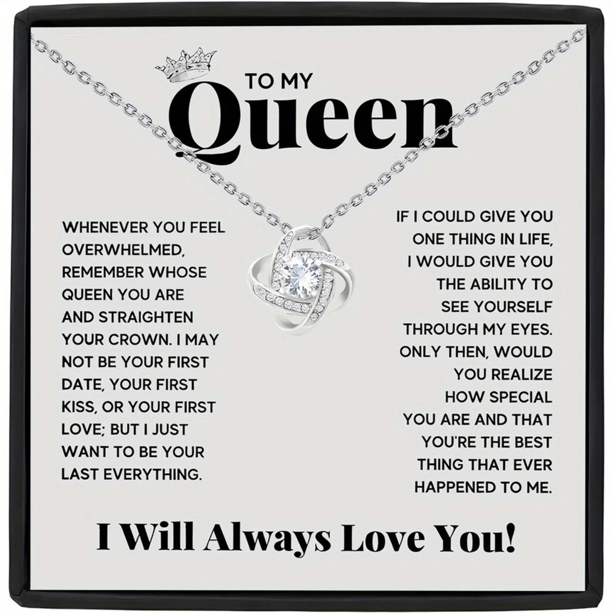Elegant Love Knot Necklace, 'To My Queen' Perfect for Wife, Girlfriend, Soulmate, Any Holiday Gift, Romantic Gift Necklace