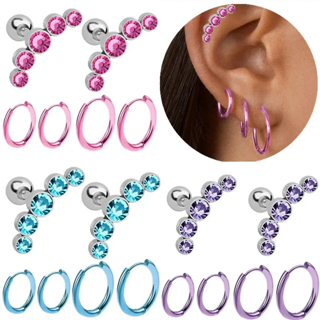 EVISPOL 6Pcs Fashion Stainless Steel Colorful Crystal Tragus Stud Earrings Set Helix Cartilage Huggie Hoops Ear Piercing Jewelry