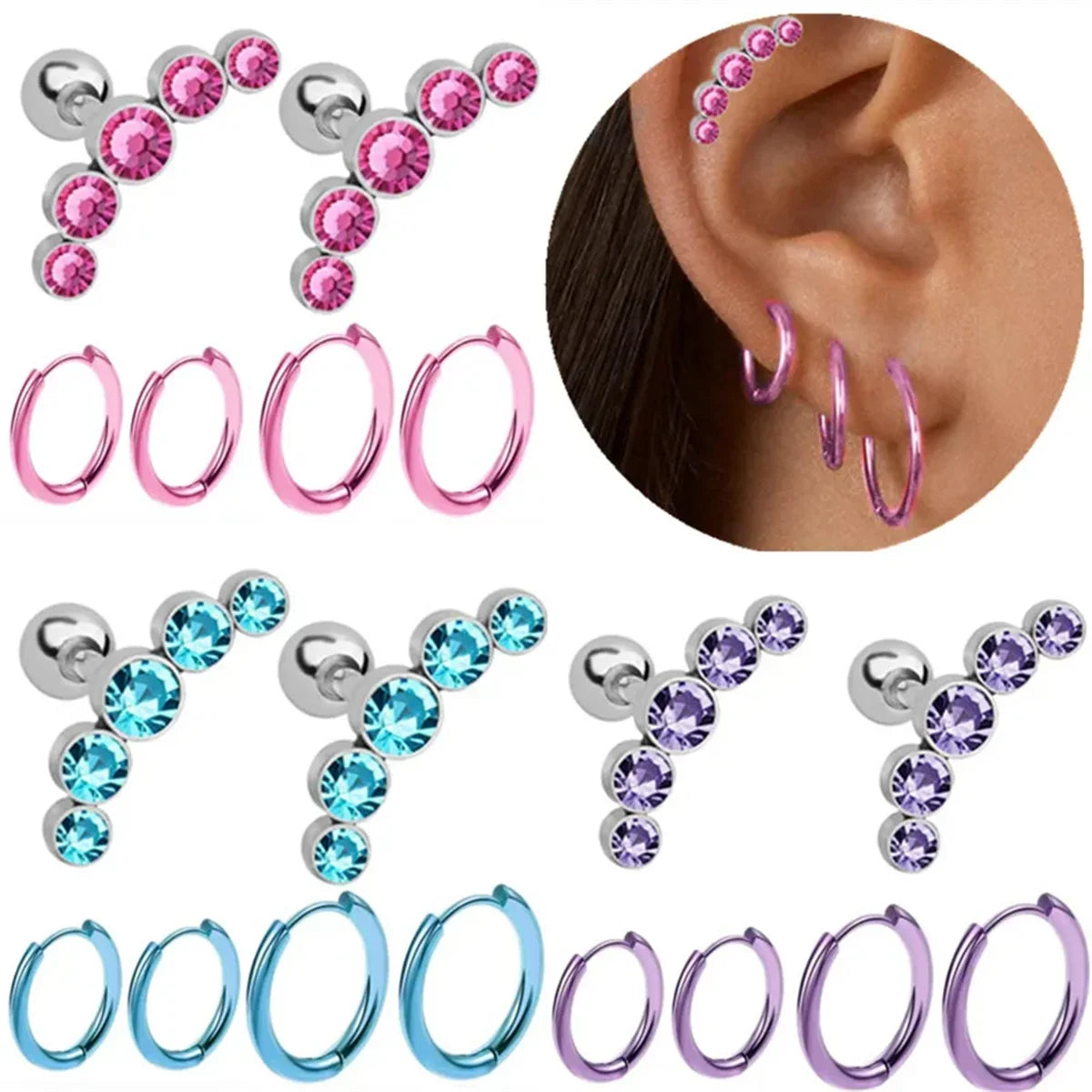 EVISPOL 6Pcs Fashion Stainless Steel Colorful Crystal Tragus Stud Earrings Set Helix Cartilage Huggie Hoops Ear Piercing Jewelry