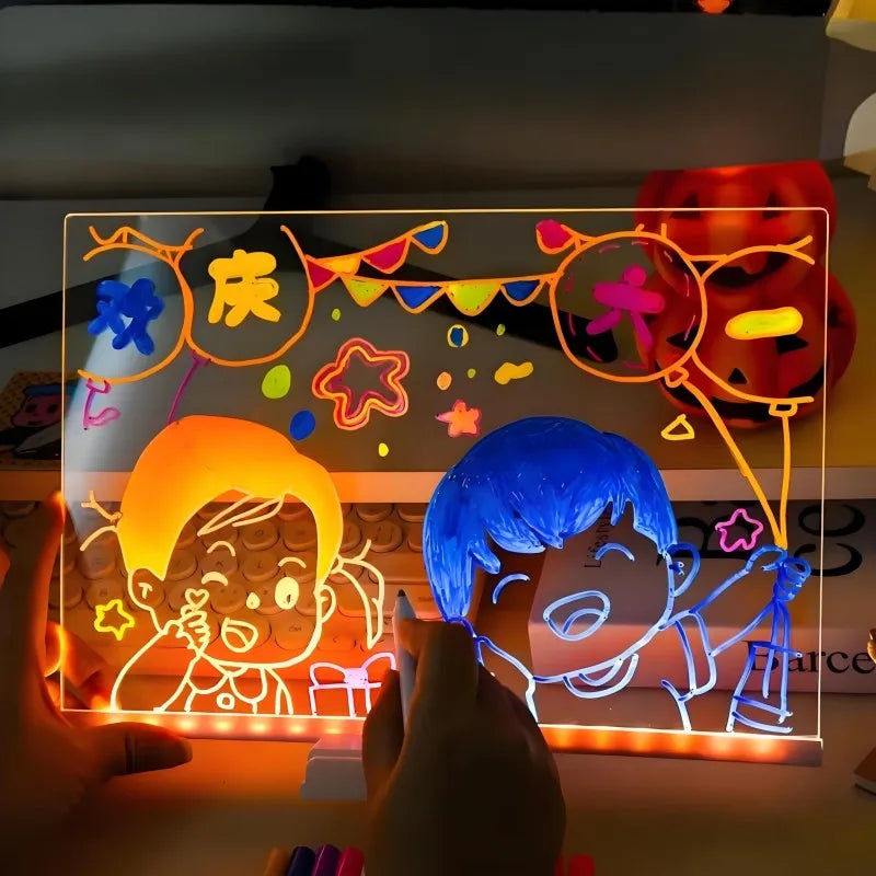 Light Up Acrylic Message Board Night Light | Rewritable DIY Glowing Drawing Board with 7 Colorful Pens