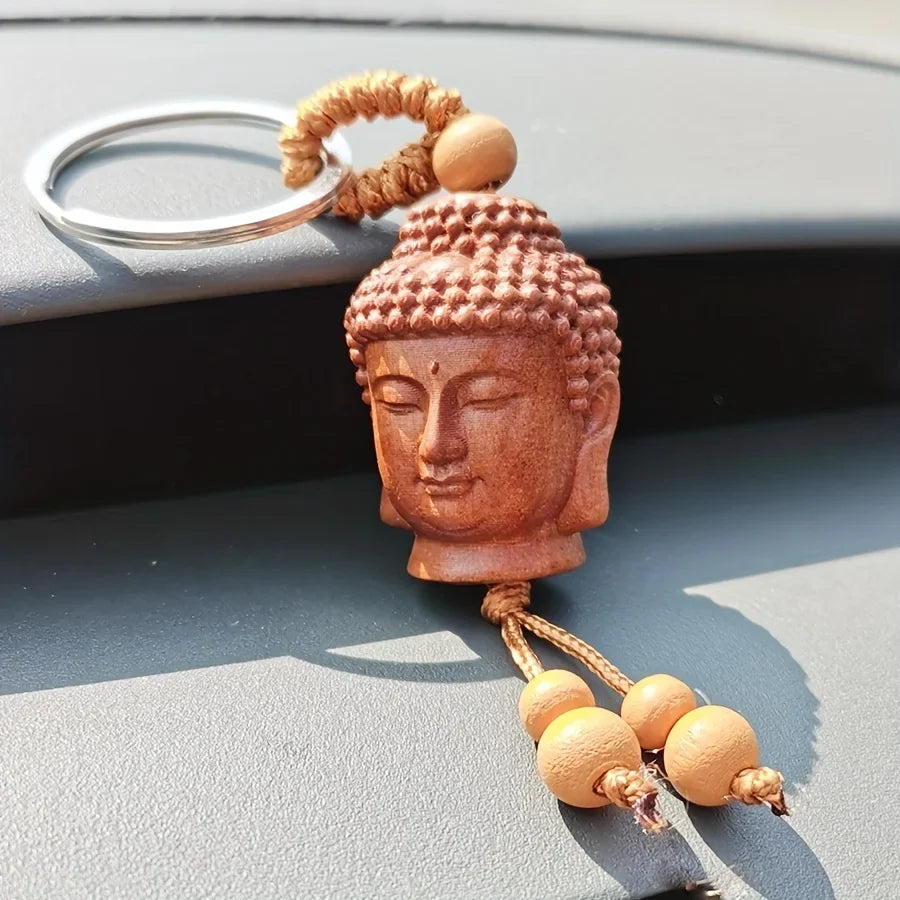 Buddha Head Carved Wood Keychain | Peach Wood Key Ring