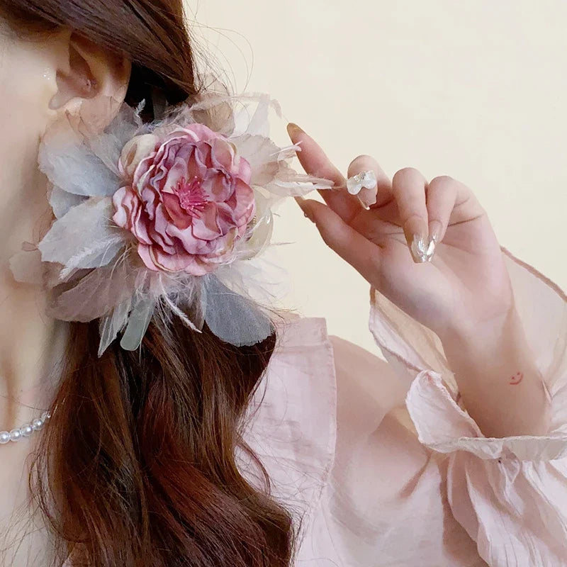 Pink Flower Hair Claws for Women Fashion Sweet Big Hairpin Temperament Grab Clip Lace Hair Accessories Gifts