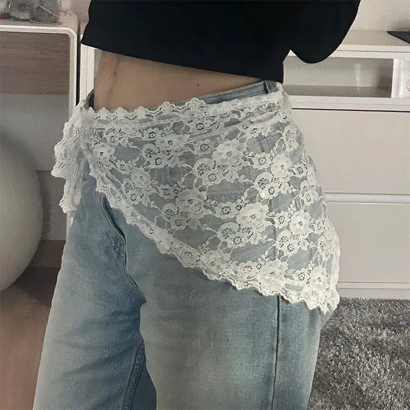 Y2K Women Lace Flower Elegant Skirt Stacked Belt Flower Sweet Triangle Scarf Breathable Travel Photo Headband Turban Accessories
