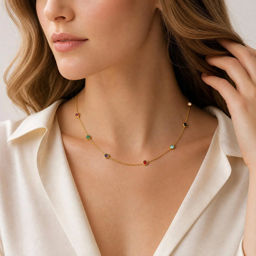 Dainty Colorful CZ Station Choker Necklace, Womne's Gold Plated Stainless Steel Chain Tarnish Free Stackable Jewelry Waterproof