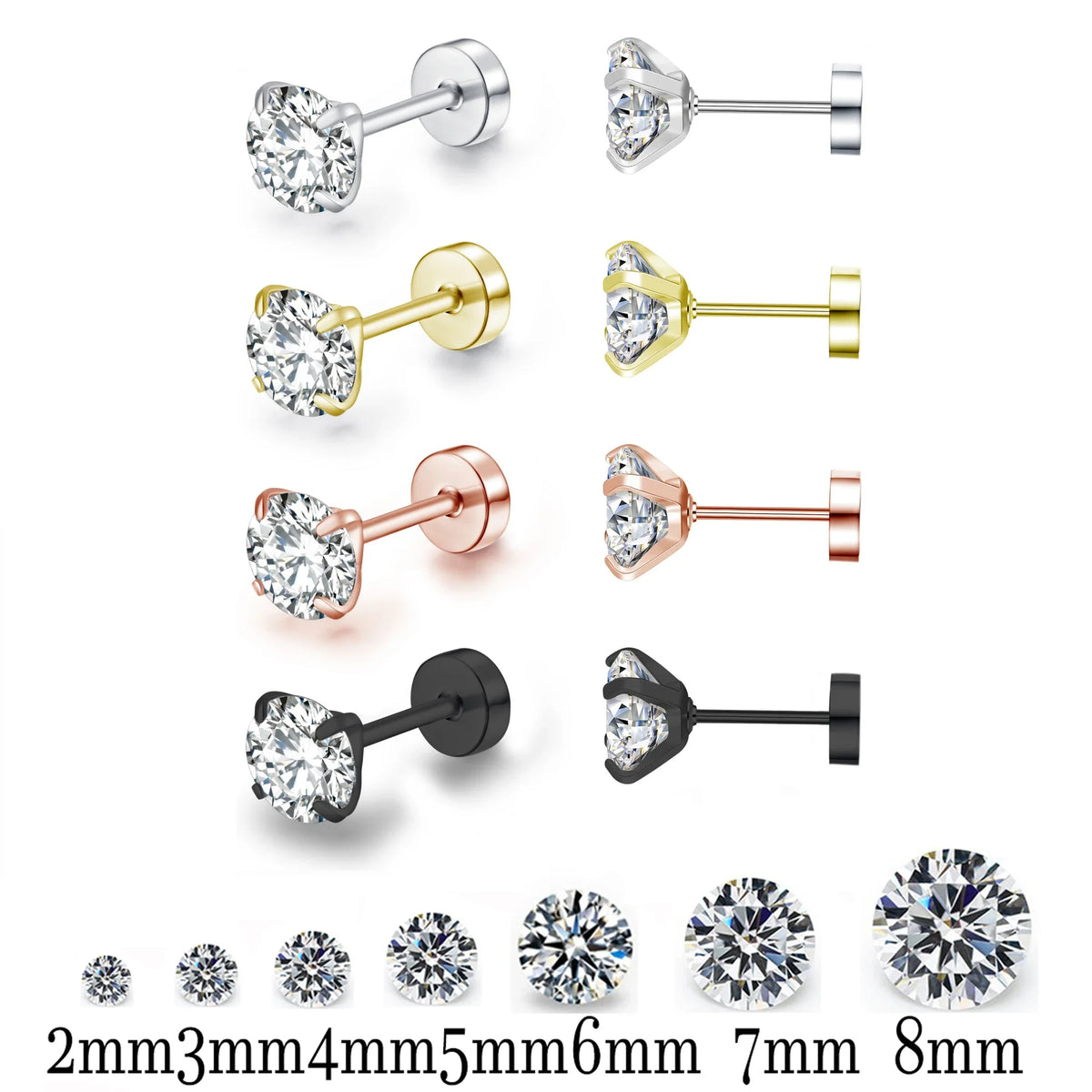 Round Crystal Zircon Stainless Steel Stud Earrings | 4 Color Fashion Non-Allergic Earrings