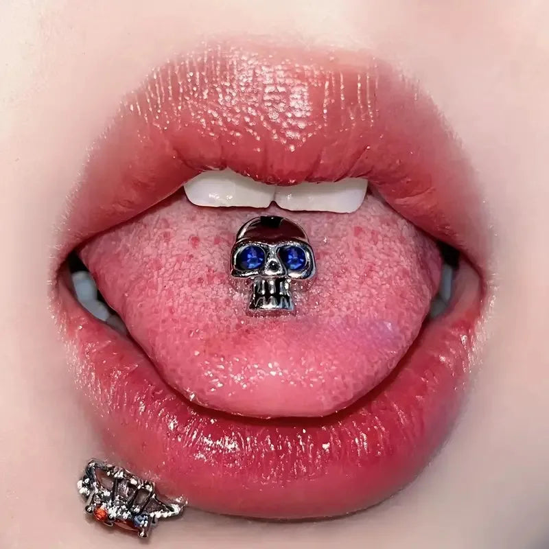 Tongue Rings Stainless Steel 316L, 5 Color Diamond Encrusted Skull Piercing Jewelry
