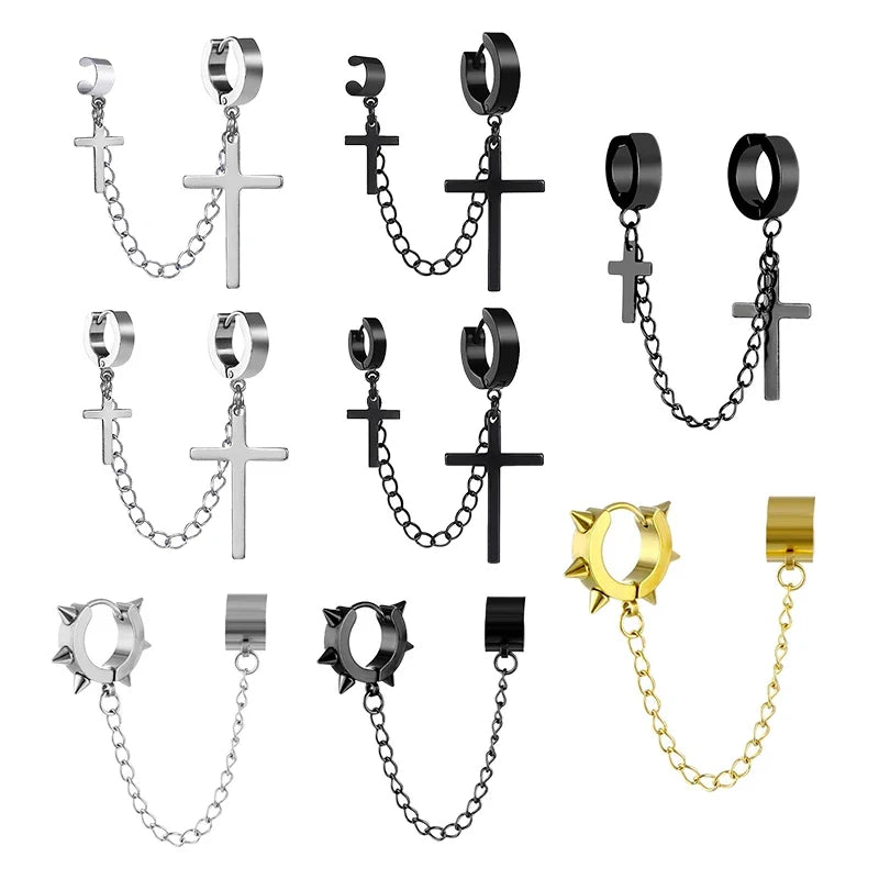 Fashion Punk Cross Pendant Clip Earring | Unisex Metal Chain Tassel Ear Cuff