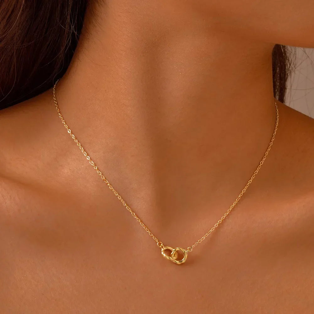 Twist Double Rings Choker Necklace for Women Teen Girl, Simple Stainless Steel Pendant Jewelry Waterproof