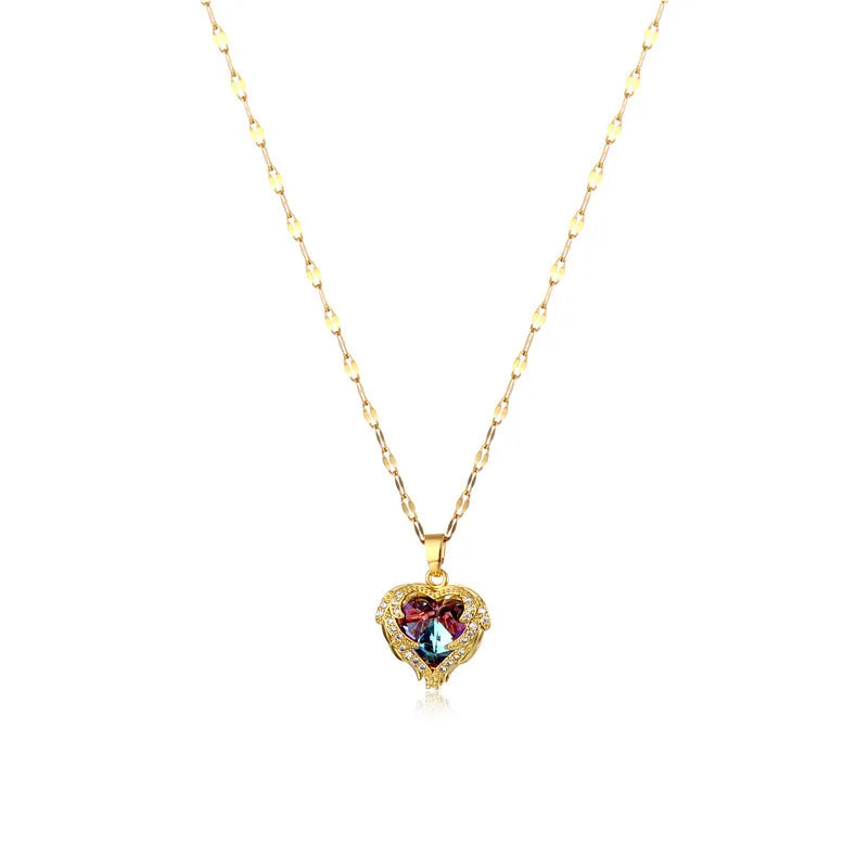 Stainless Steel Crystal Heart Pendant Necklace | Ocean Blue Water-Wave Chain for Women