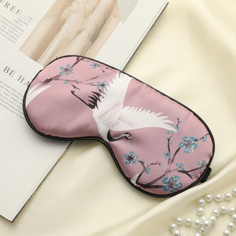 Imitated Silk Sleeping Eye Mask with Crane Print | Adjustable Blindfold for Travel and Relaxation