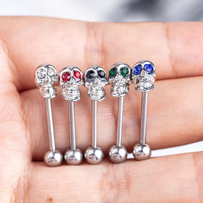 Tongue Rings Stainless Steel 316L, 5 Color Diamond Encrusted Skull Piercing Jewelry