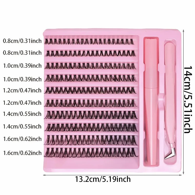 DIY D Curl False Lash Cluster Set 200Pcs with Bond & Tweezers Daily Casual Evening Cosplay Quick Eye Cosmetics