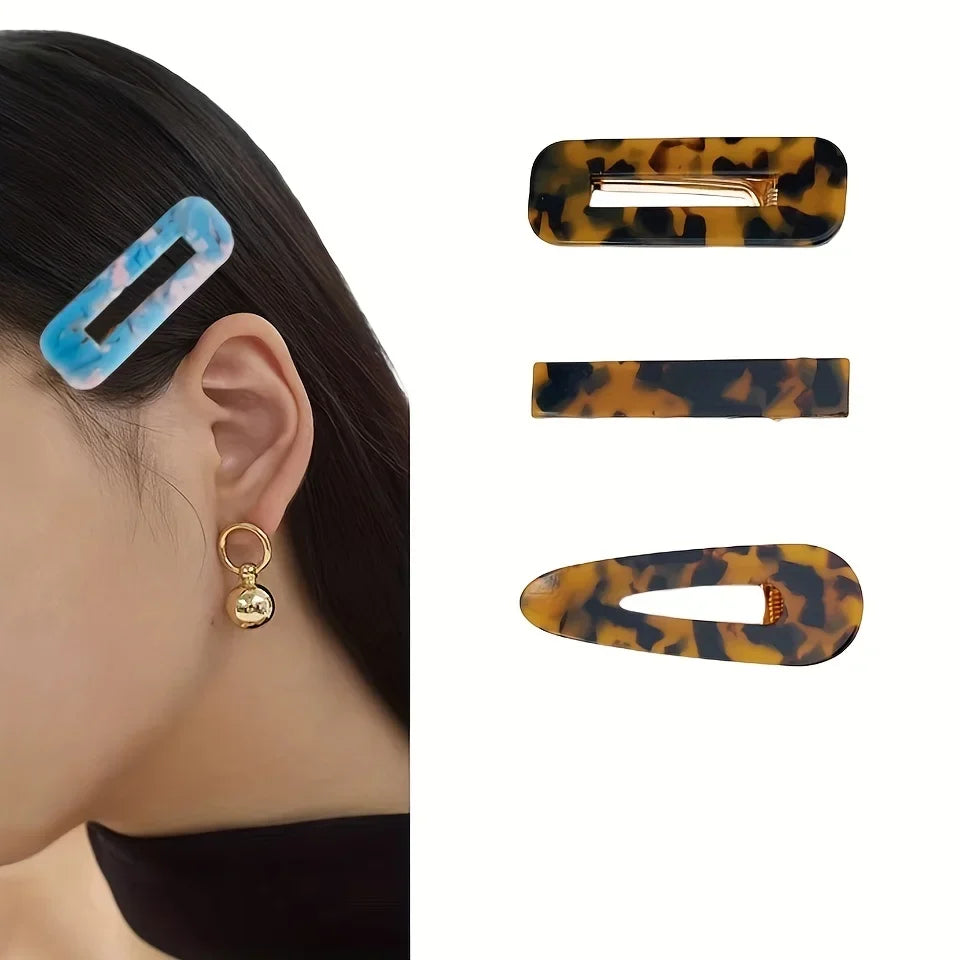 3pcs/set Acetate Hollow Water Drop Long Strip Hairpin Simple Duck Beak Clip Broken Hair Leopard Hair Clip Geometric Hairpin