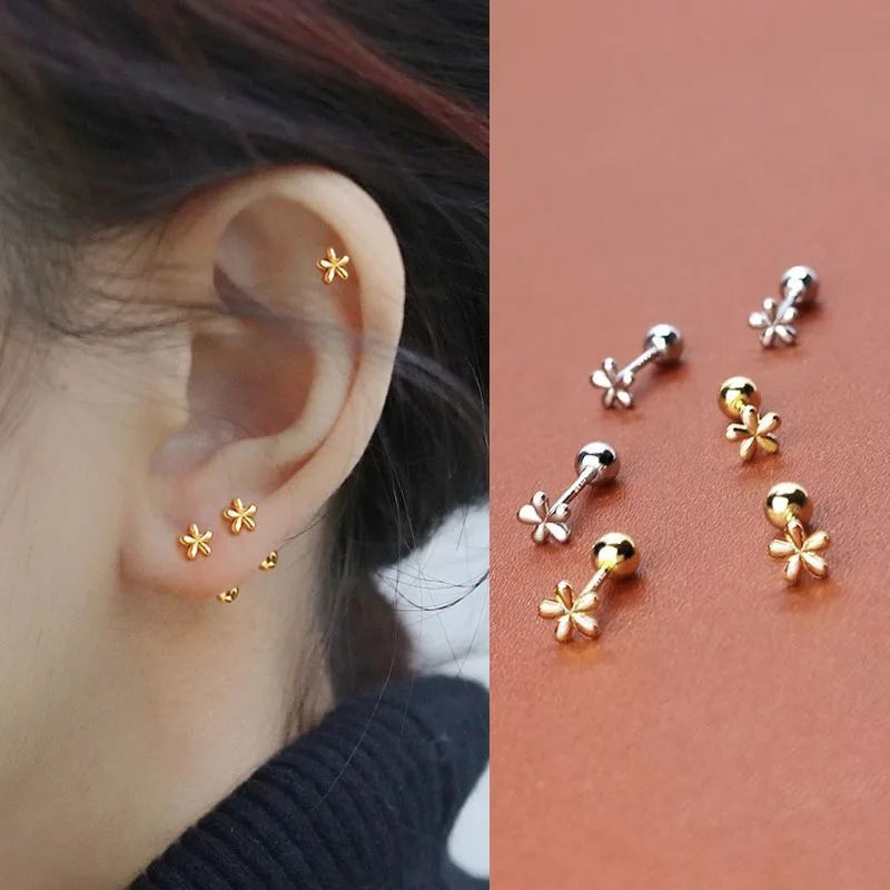 EVSIPOL Tiny Stainless Steel Screw Back Flower Stud Earrings for Women Girls Simple Cute Cartilage Targus Helix Piercing Jewelry