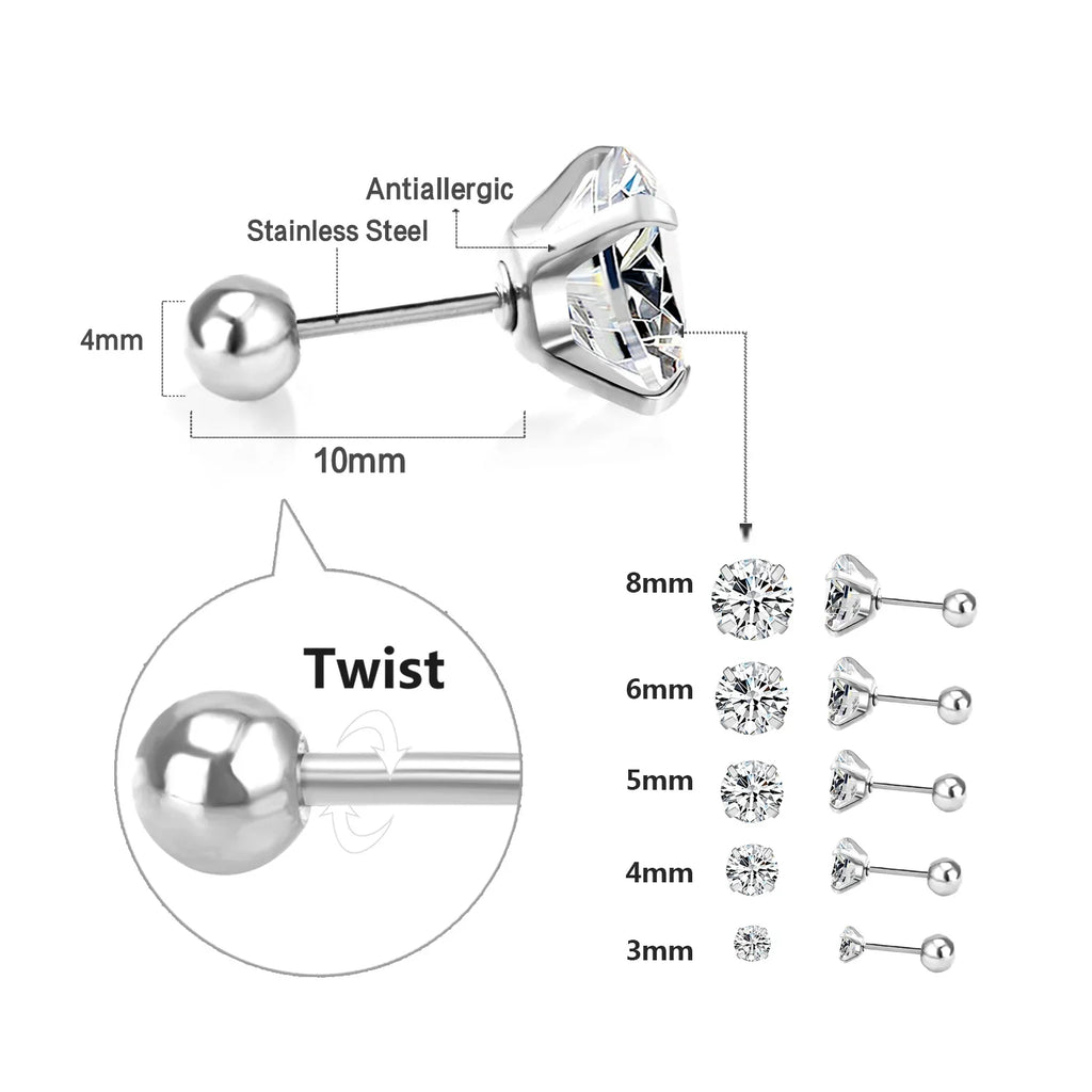 LUXUSTEEL Crystal Zircon Stud Earrings | Screw Back Round CZ Earrings for Men Women