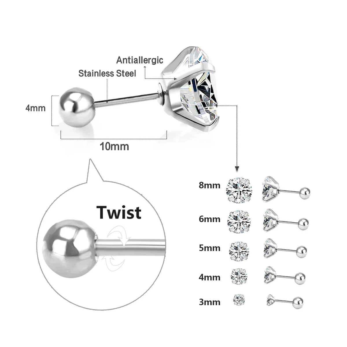LUXUSTEEL Crystal Zircon Stud Earrings | Screw Back Round CZ Earrings for Men Women