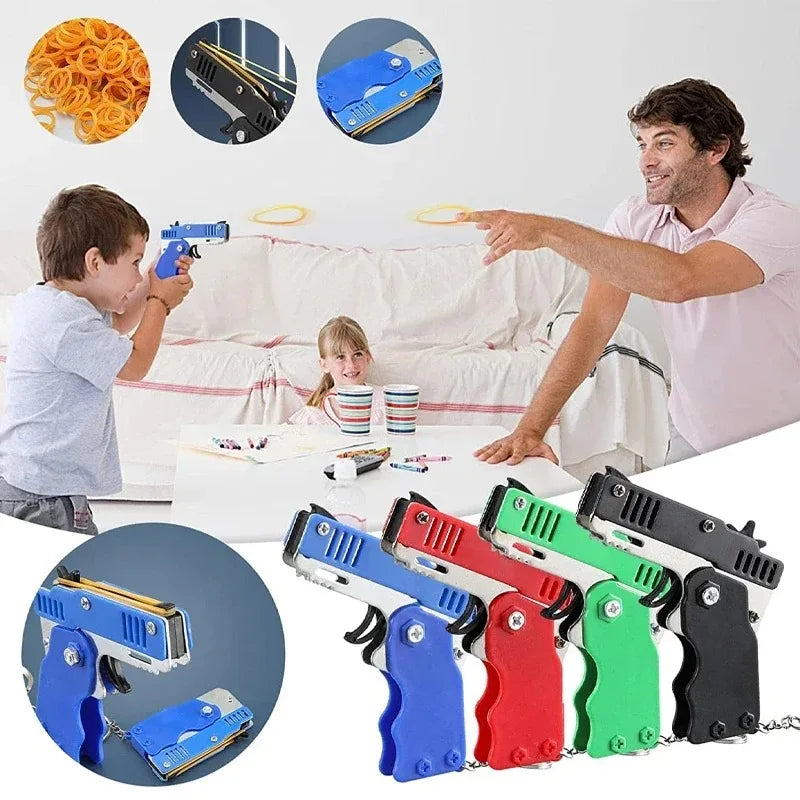 Folding Rubber Band Shooter Keychain Gun | 60-Piece Party Toy Set for Family Fun