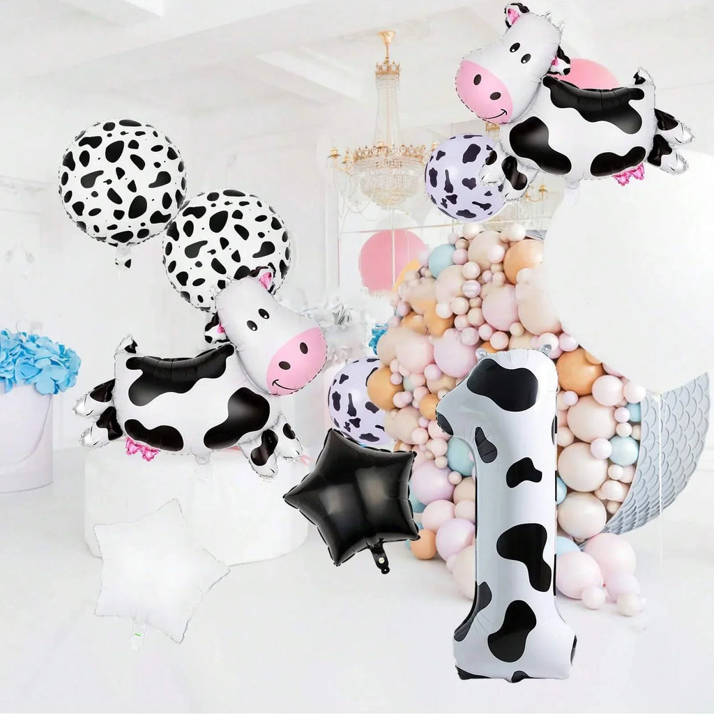 7pcs Cow Print Number Balloon Set | Farm Animal Birthday Party Decoration