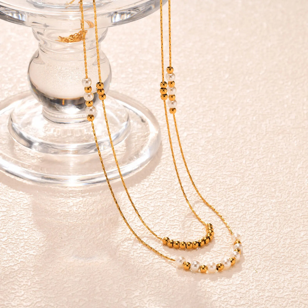 Trend Elegant Imitation Pearl Bead Double Layer Stacking Necklace for Women Stainless Steel Hammer Chain Necklace Jewelry Gift