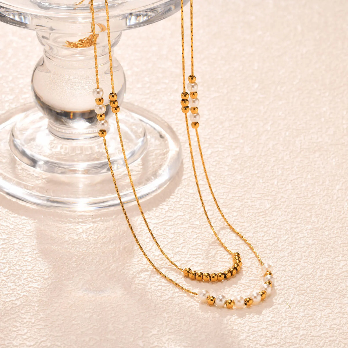 Trend Elegant Imitation Pearl Bead Double Layer Stacking Necklace for Women Stainless Steel Hammer Chain Necklace Jewelry Gift