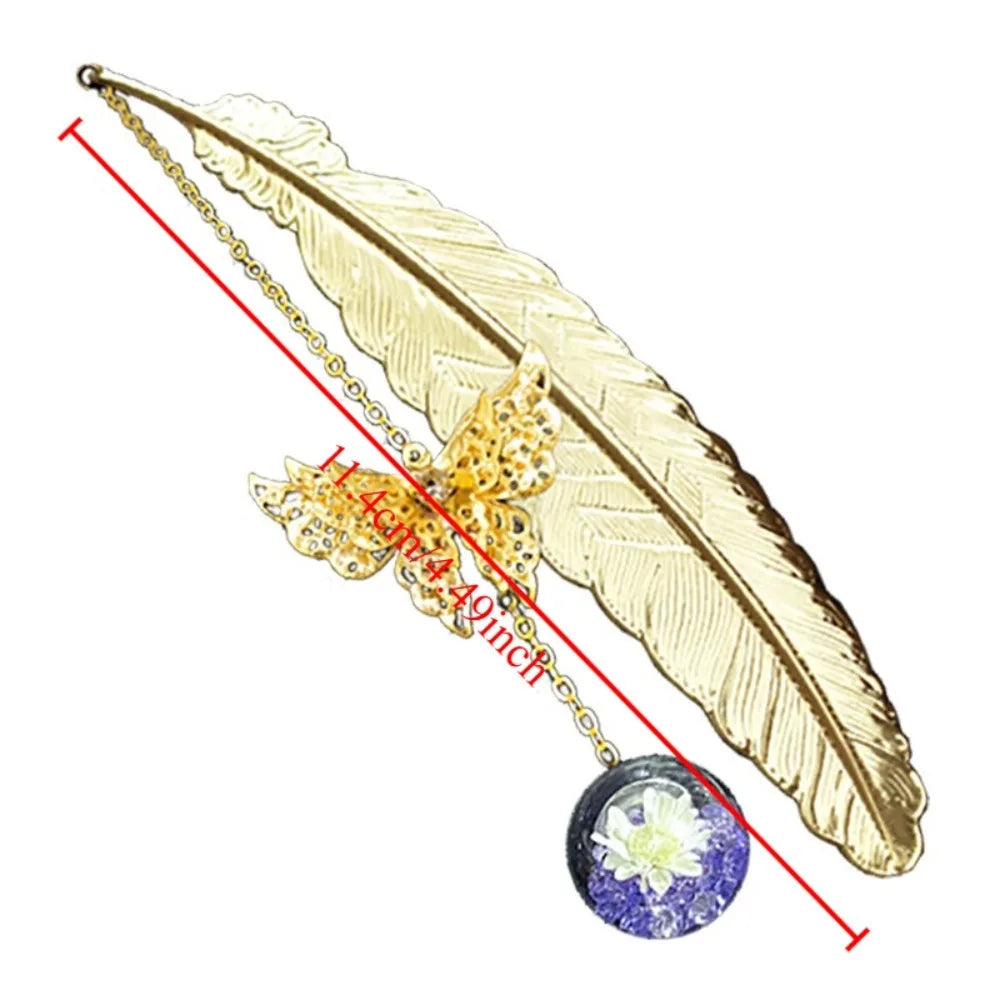 1Pcs Metal Feather Bookmark with Dried Flower Butterfly Boxed ,Teacher's Day Gift, Student Reading Accessory Creative Bookmark