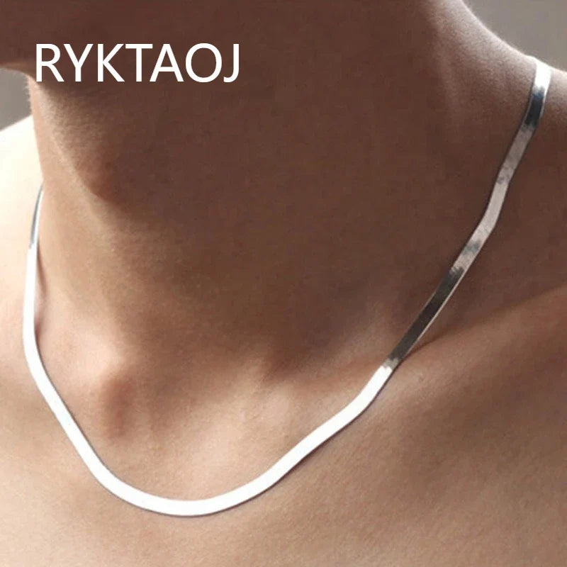 925 Sterling Silver Flat Herringbone Necklace Thin Shiny Snake Chain Minimalist Dainty Blade‑Shape Neck Jewelry Gift for Women