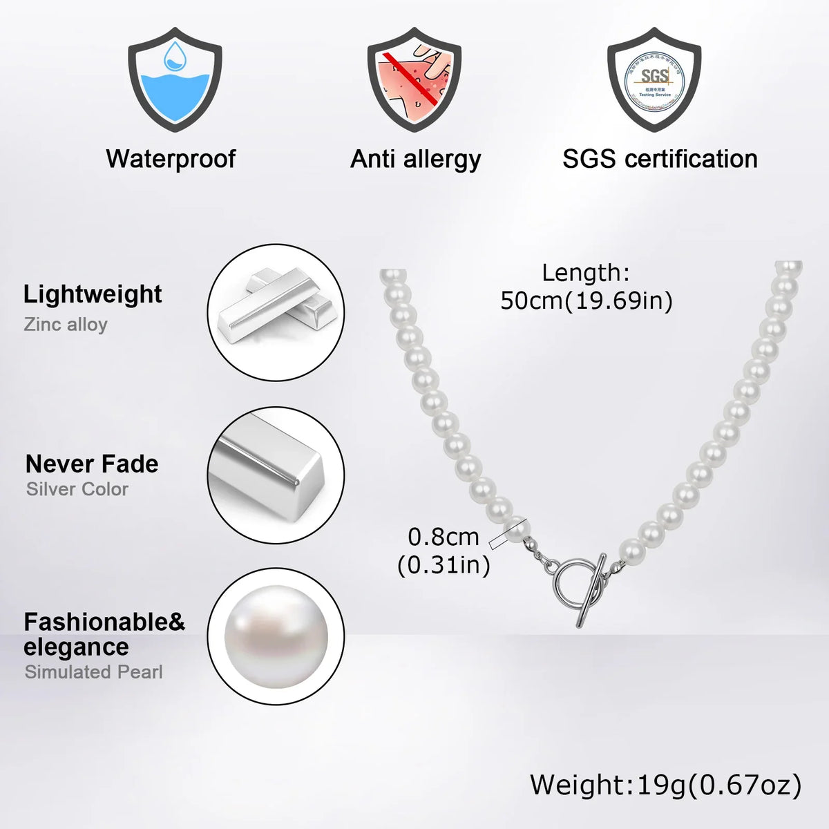8mm Pearl Necklace for Men Women | White Imitation Pearl Beaded Collar Casual Jewelry Gift