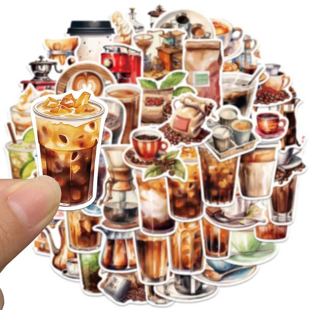 50 Cartoon Coffee Themed Stickers | Waterproof Decals for Laptops Helmets and Gear