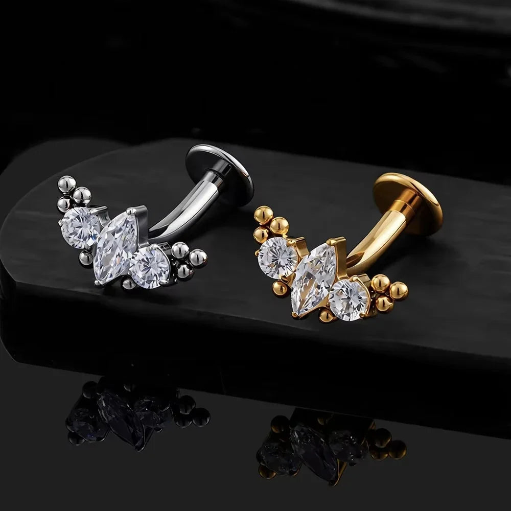FTCY ASTM F136 G23 Titanium Leaf Branch Push In Threadless Labret Piercing Crystal Belly Button Ring Body Jewelry J
