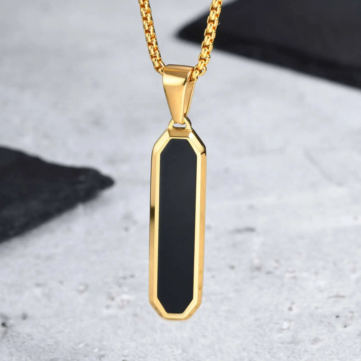 Men's Geometric Square Necklace | Black Enamel Rectangle Pendant with Rope Chain