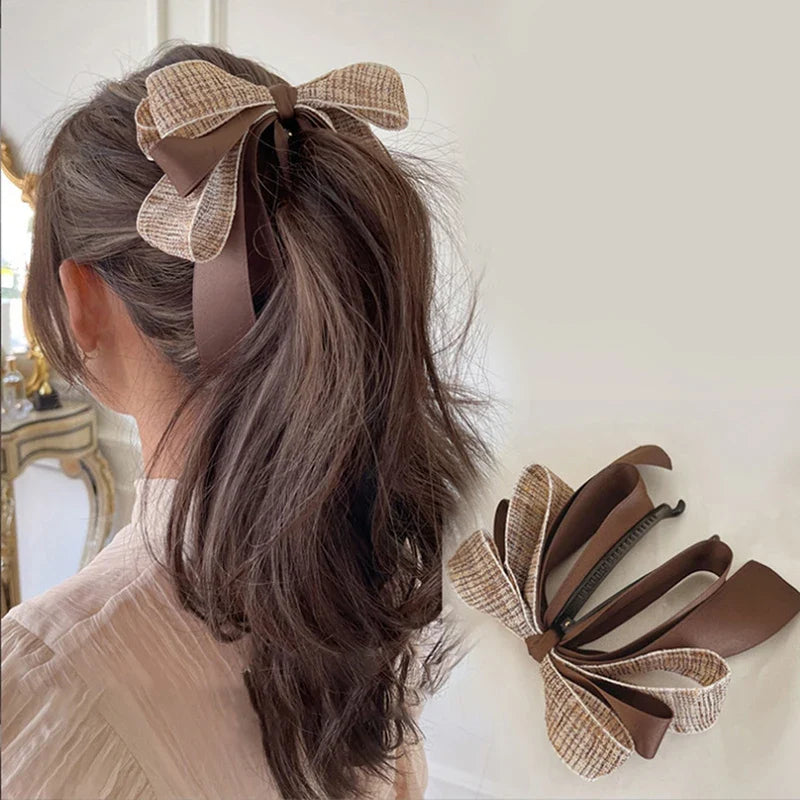 New【Korean Bow Grab Clip Female Net Red Back Of The Head Spoon Hair Card High Ponytail Fixed Artifact Headdress Hair Clips】