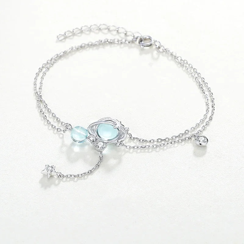 Aquamarine Crystal Encrusted Sterling Silver Bracelet | Double Layer Charm Bracelet