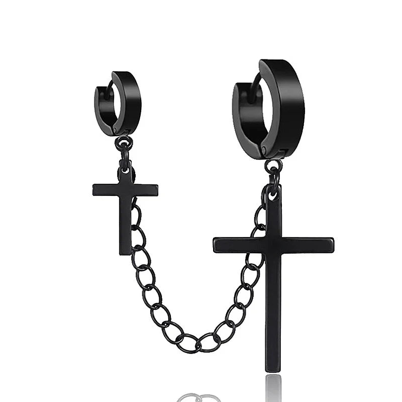 Fashion Punk Cross Pendant Clip Earring | Unisex Metal Chain Tassel Ear Cuff