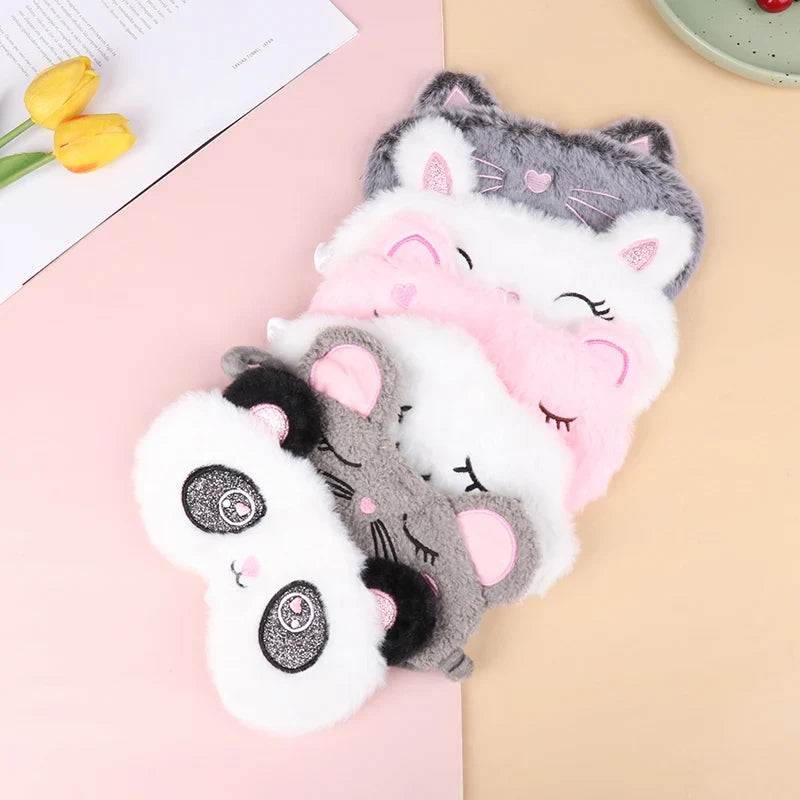 Plush Cute Grey Cat Sleep Mask | Light Blocking Eye Shade for Travel and Home