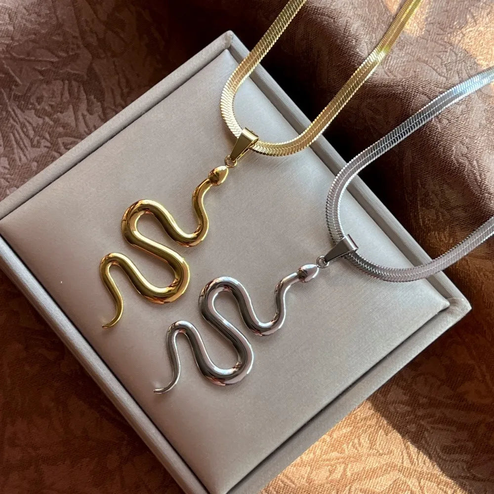 Flat Snake Chain Snake Pendant Necklace | Stainless Steel Choker Jewelry for Women