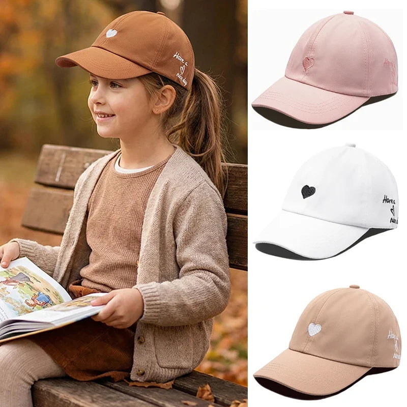 Sweet Heart Kids Girl Hat | Embroidery Cotton Ponytail Baseball Cap for Spring Summer 4-10Y