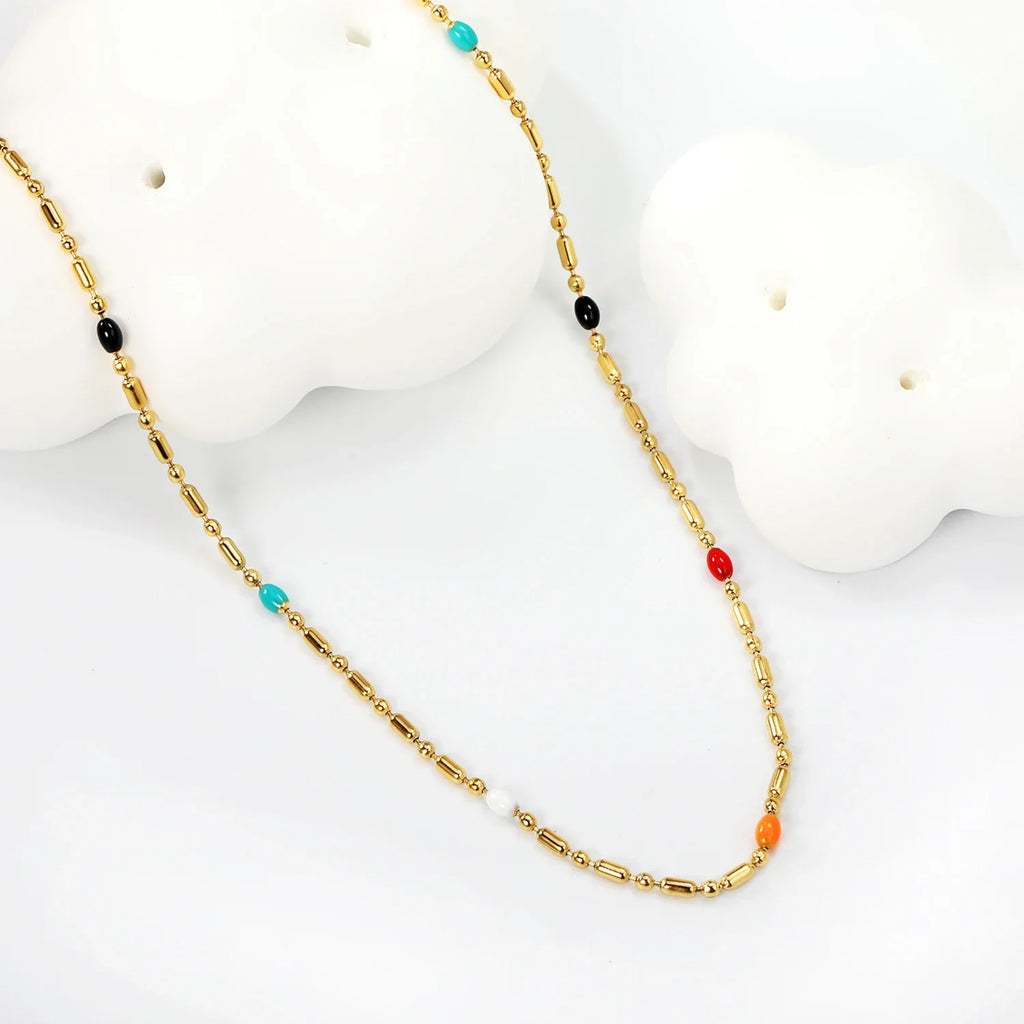 LUXUKISSKIDS Sweet Multicolor Drip-Oil Beads Necklace Women's Bohemia Stylish Clavicle Choker Simple Chain Collier Steel Jewelry